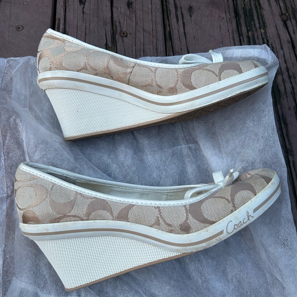 Coach Tan and White Wedge Shoes